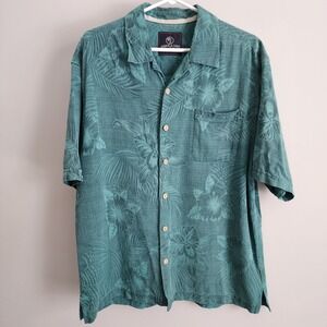 Jamaica Jaxx 100% Silk Hawaiian Shirt Mens Large Green Floral Jacquard Aloha